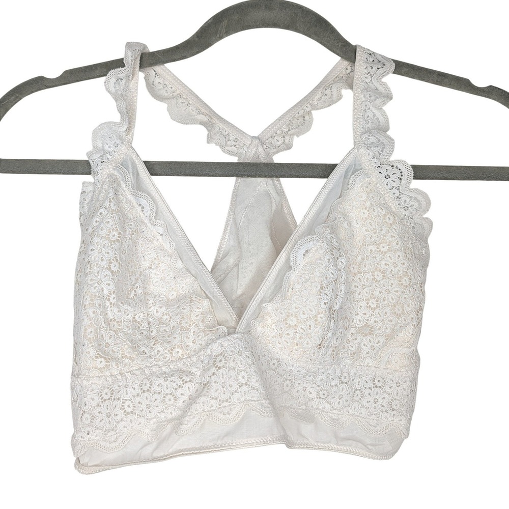 Aerie Bralette Women M Cream Floral Lace Racerback V-Neck Longline Boho Lingerie